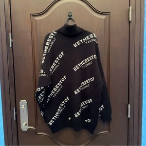 Women's Black Turtleneck Long Sweater Thick Knit Letter Print Oversized Fit